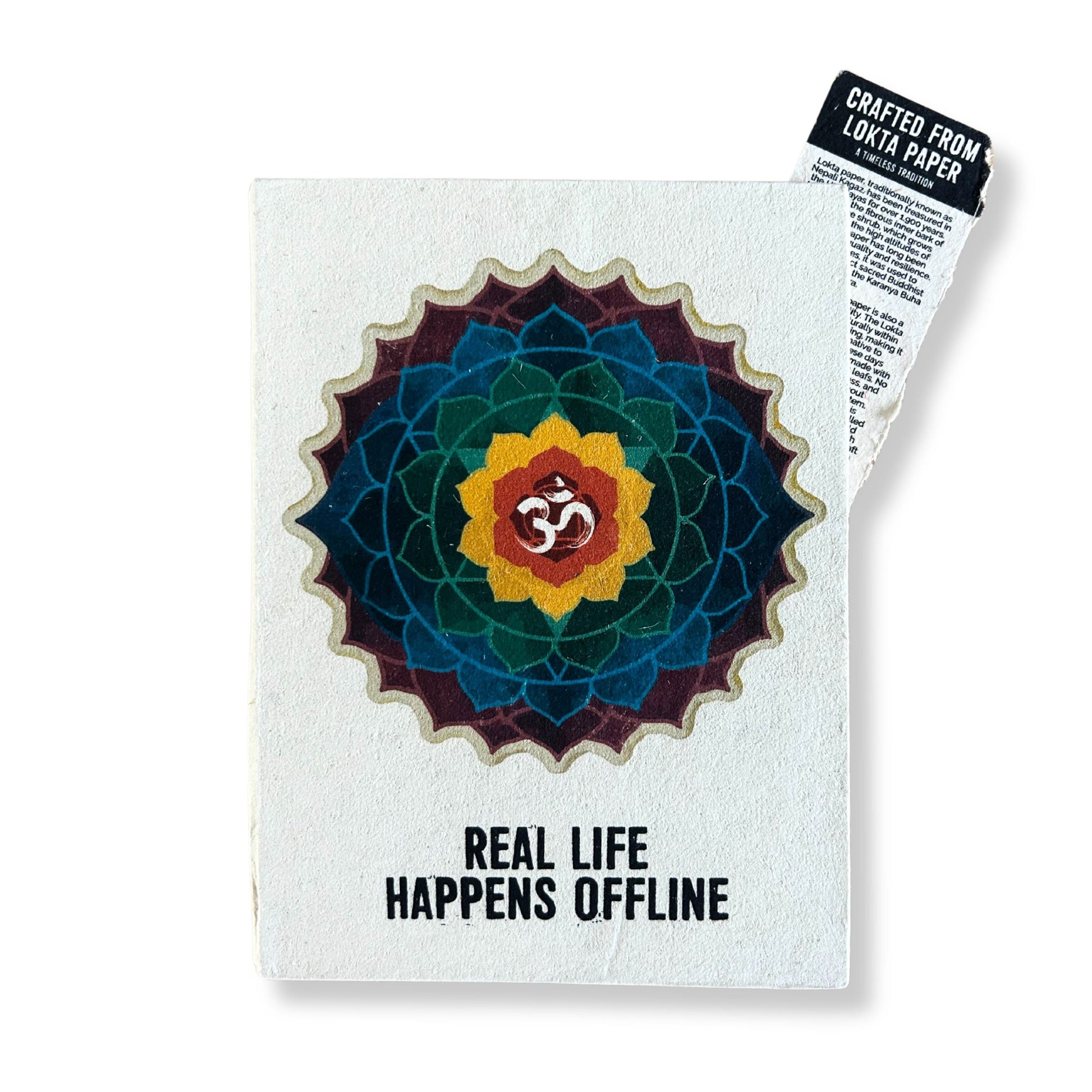 Lokta Paper Inspiration Notebook – Real Life Offline 21x15 CM with mandala cover design and “Real Life Happens Offline” text, Lokta paper