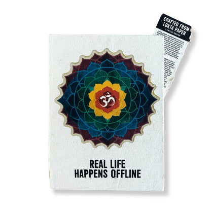 Lokta Paper Inspiration Notebook – Real Life Offline 21x15 CM with mandala cover design and “Real Life Happens Offline” text, Lokta paper