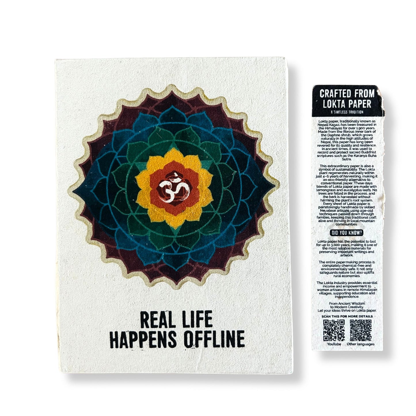 Alt Tag: Lokta Paper Inspiration Notebook – Real Life Offline 21x15 CM with “Real Life Happens Offline” cover and mandala design