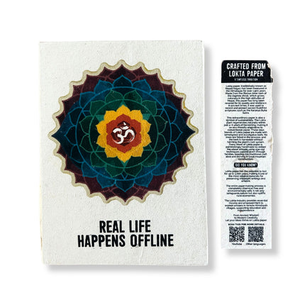 Alt Tag: Lokta Paper Inspiration Notebook – Real Life Offline 21x15 CM with “Real Life Happens Offline” cover and mandala design
