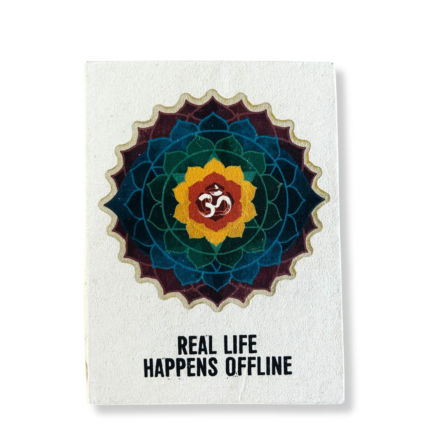 Alt Tag: Lokta Paper Inspiration Notebook – Real Life Offline 21x15 CM, portada con mandala multicolor y texto "REAL LIFE HAPPENS OFFLINE"