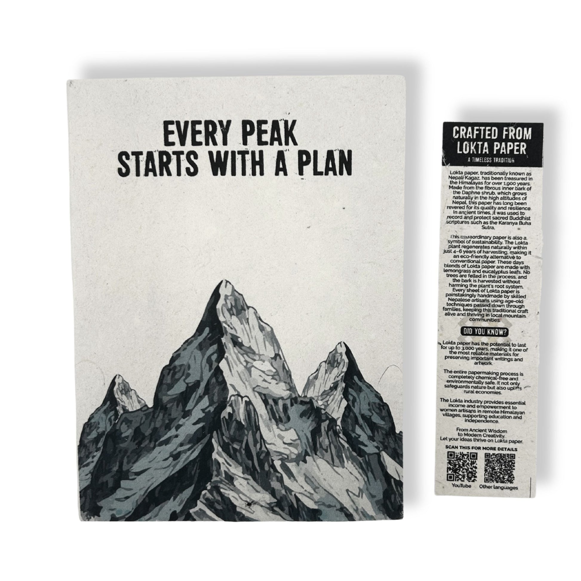 Alt Tag: Lokta Paper Notebook – Every Peak 21x15 CM with Bookmark, minimalist mountain cover, “Every Peak Starts with a Plan” text