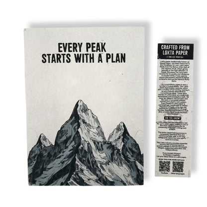Alt Tag: Lokta Paper Notebook – Every Peak 21x15 CM with Bookmark, minimalist mountain cover, “Every Peak Starts with a Plan” text