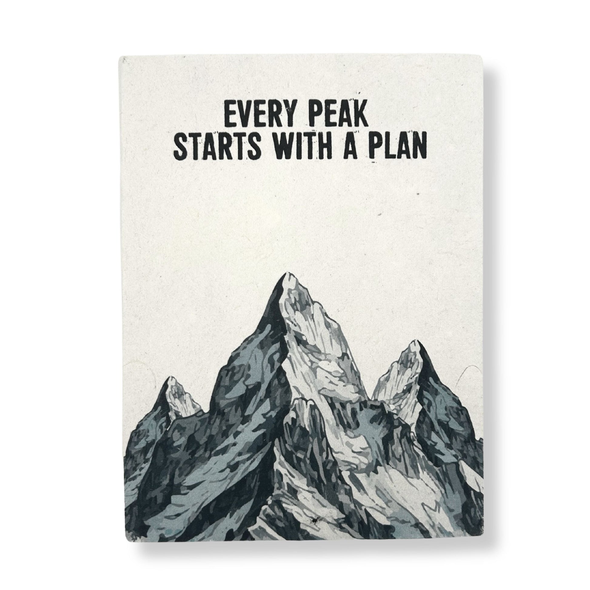 Alt Tag: Lokta Paper Notebook – Every Peak 21x15 CM with Bookmark, minimalist mountain cover with “Every Peak Starts with a Plan” text