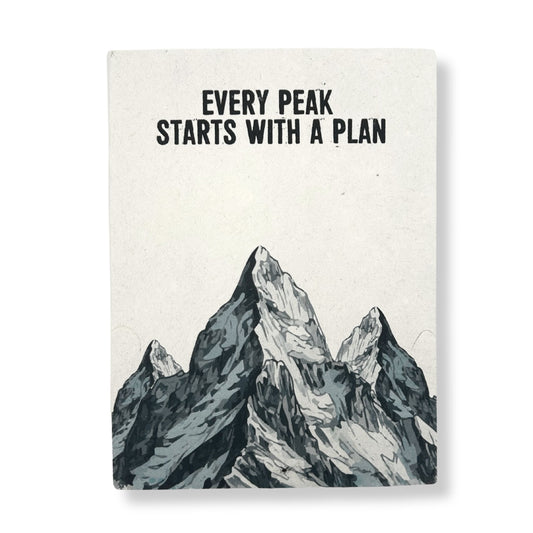 Alt Tag: Lokta Paper Notebook – Every Peak 21x15 CM with Bookmark, minimalist mountain cover with “Every Peak Starts with a Plan” text