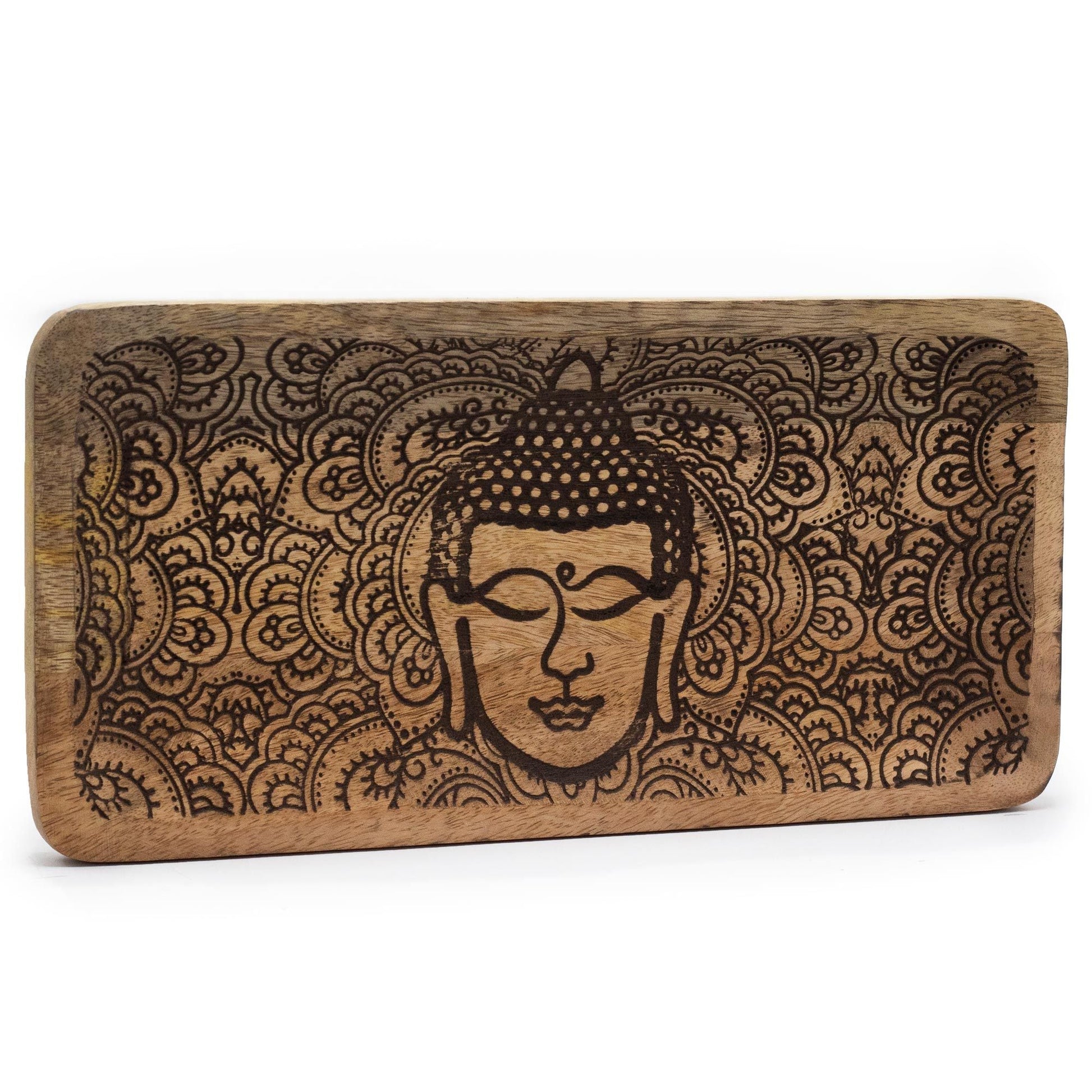 Lång bricka – Buddha Face Black Engraved – träbricka 30 × 15 × 2,5 CM med ingraverat Buddha-ansikte och svarta detaljer