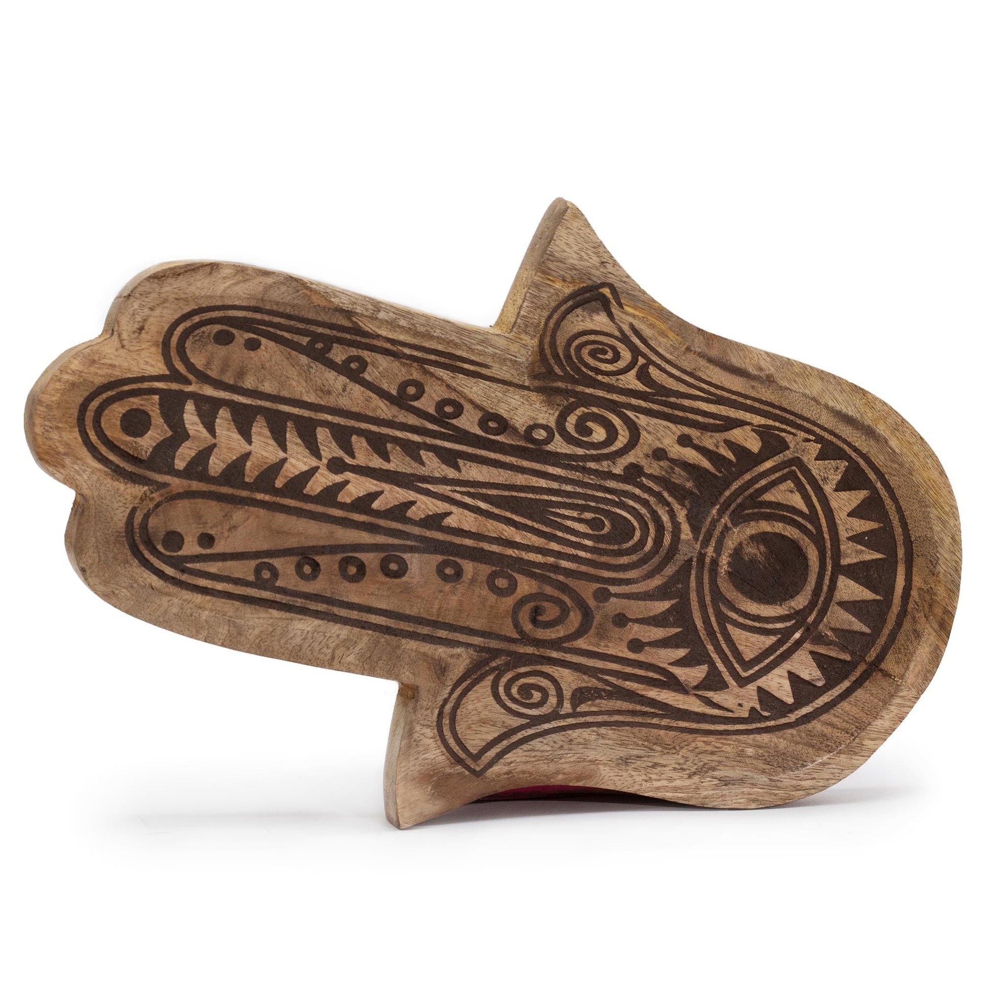 Alt Tag: Lång bricka – Hamsa svart graverad – 30 × 20.5 × 2.5 CM handgjord träbricka med graverad Hamsa-design