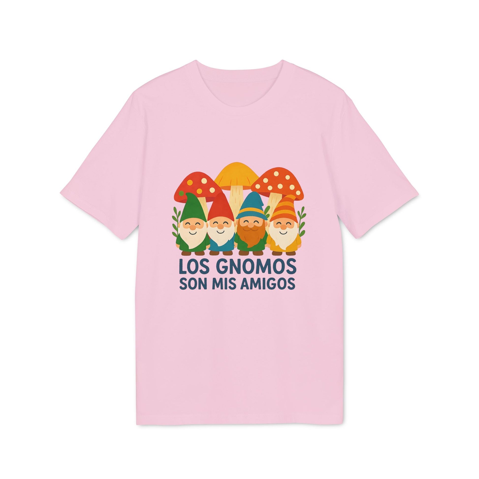 Alt Tag: Los Gnomos Son Mis Amigos Organica 100% Organic Cotton T-Shirt camiseta rosa con ilustración de gnomos y setas, diseño “Los Gnomos Son Mis Amigos”