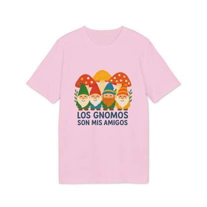 Alt Tag: Los Gnomos Son Mis Amigos Organica 100% Organic Cotton T-Shirt camiseta rosa con ilustración de gnomos y setas, diseño “Los Gnomos Son Mis Amigos”