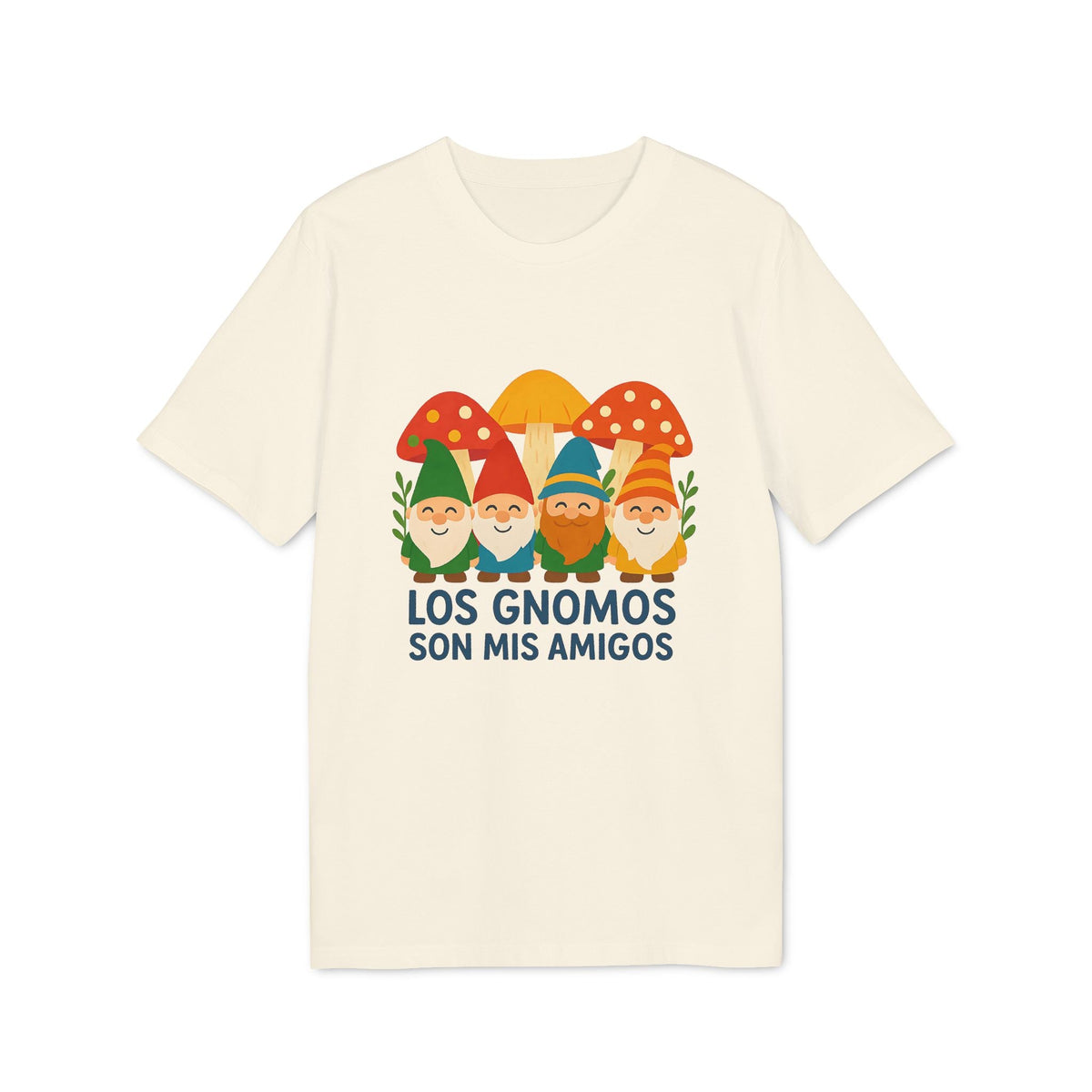 Alt Tag: Los Gnomos Son Mis Amigos Organica 100% Organic Cotton T-Shirt con ilustración de gnomos y hongos, camiseta color crema