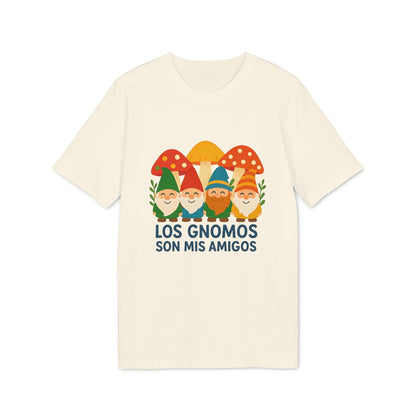 Alt Tag: Los Gnomos Son Mis Amigos Organica 100% Organic Cotton T-Shirt con ilustración de gnomos y hongos, camiseta color crema