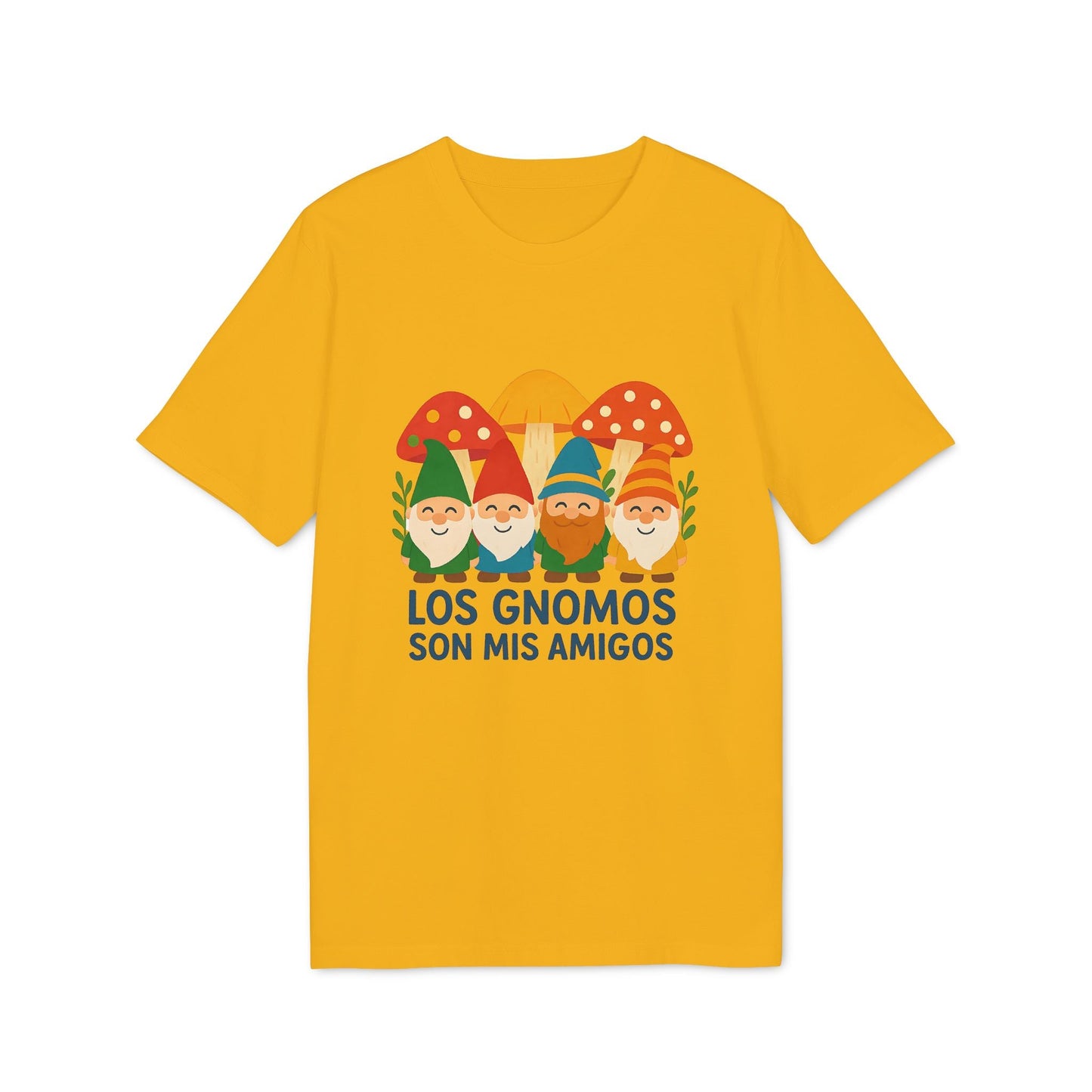 Alt Tag: Los Gnomos Son Mis Amigos Organica 100% Organic Cotton T-Shirt amarilla con ilustración de gnomos y texto “LOS GNOMOS SON MIS AMIGOS”