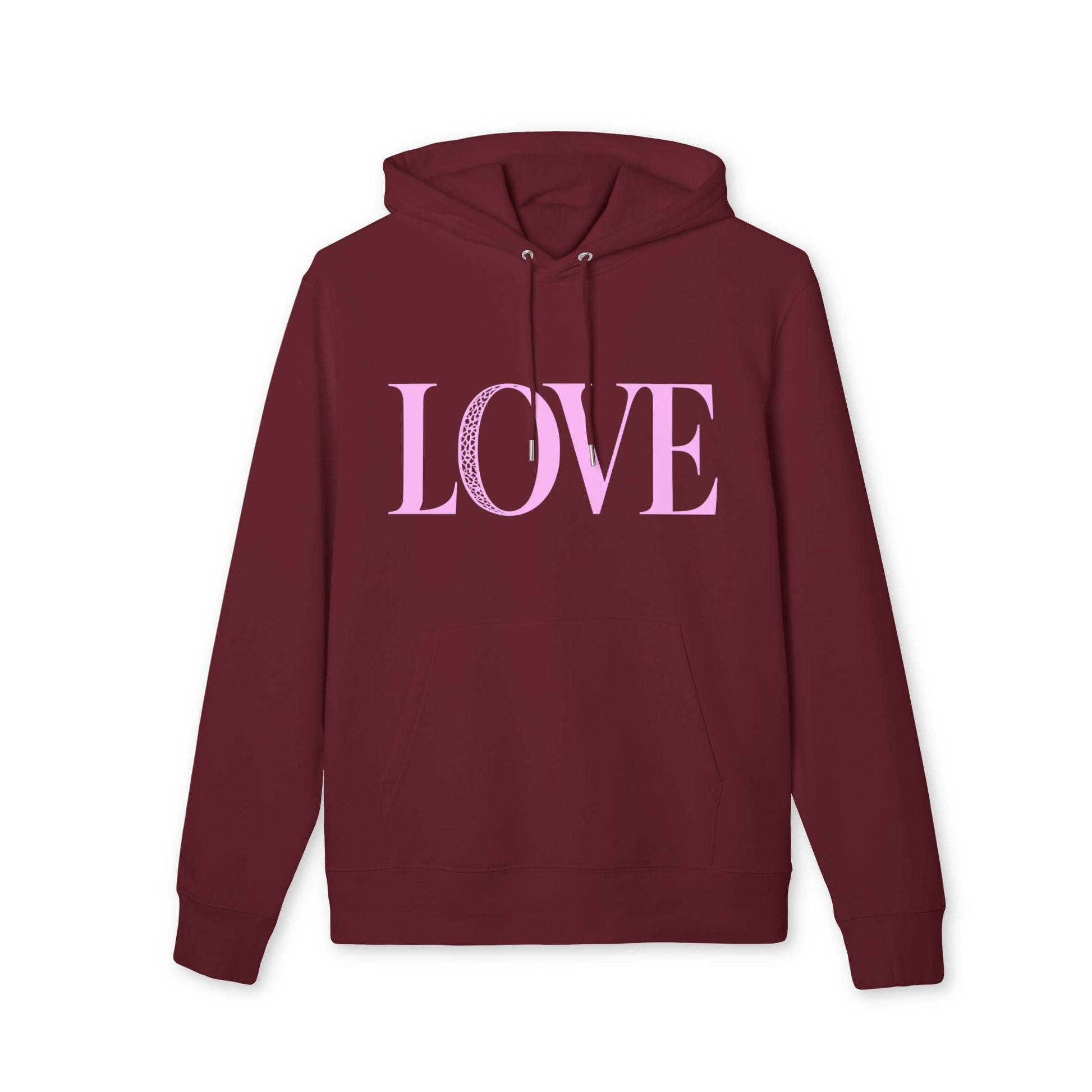 Love 100% Organic Cotton Hoodie in burgundy with pink LOVE text, pullover sweatshirt with drawstring hood