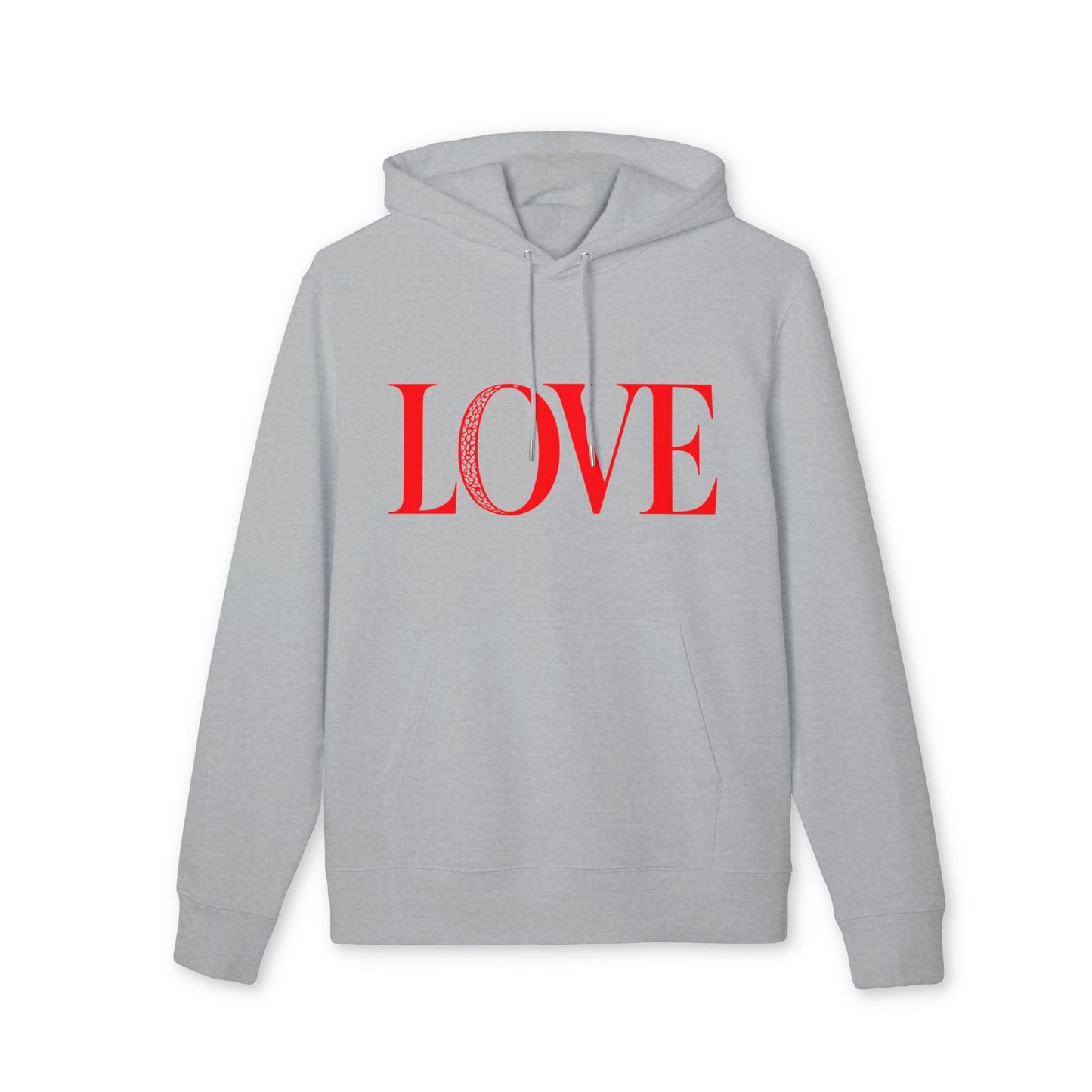 Alt Tag: Love 100% Organic Cotton Hoodie gris con capucha y estampado LOVE rojo en el pecho