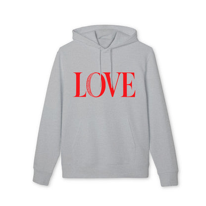 Alt Tag: Love 100% Organic Cotton Hoodie gris con capucha y estampado LOVE rojo en el pecho