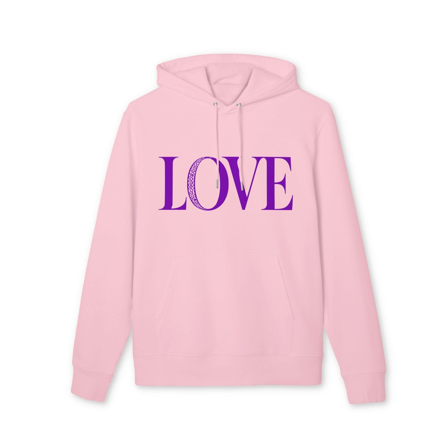 Alt Tag: Love 100% Organic Cotton Hoodie rosa con capucha y cordones, estampado LOVE en morado, vista frontal