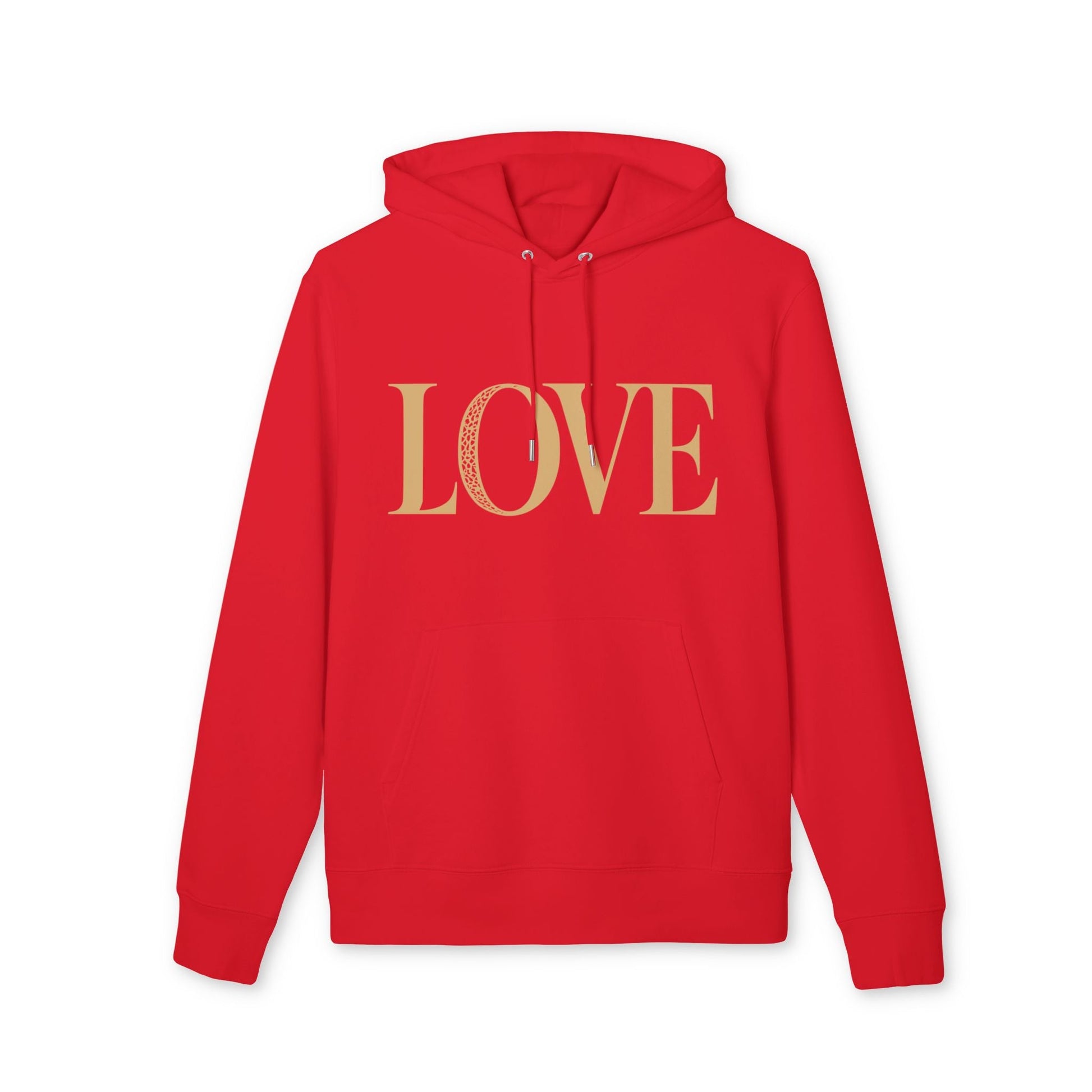 Love 100% Organic Cotton Hoodie rojo con capucha y cordones, estampado LOVE en dorado, vista frontal