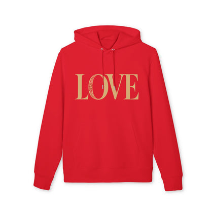 Love 100% Organic Cotton Hoodie rojo con capucha y cordones, estampado LOVE en dorado, vista frontal