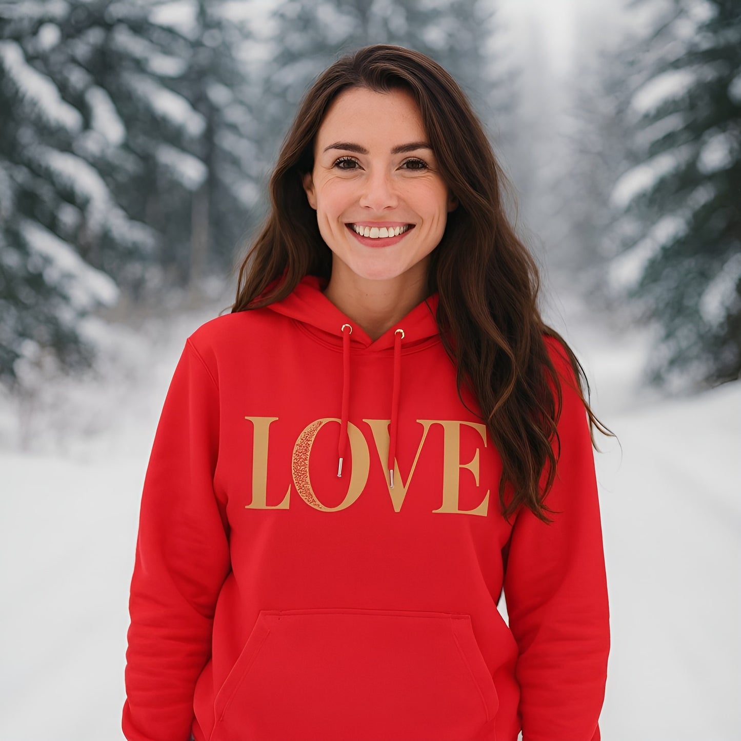 Alt Tag: Love 100% Organic Cotton Hoodie rojo con estampado LOVE, modelo sonriendo al aire libre en paisaje nevado