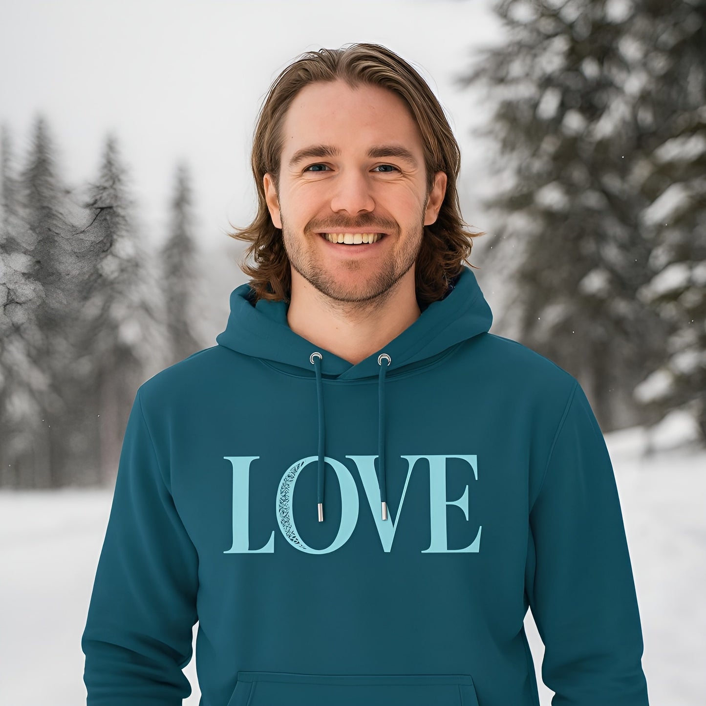 Love 100% Organic Cotton Hoodie con estampado LOVE, sudadera con capucha azul verdoso para uso diario, vista frontal