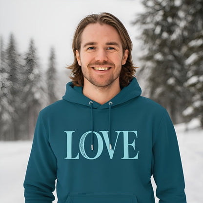 Love 100% Organic Cotton Hoodie con estampado LOVE, sudadera con capucha azul verdoso para uso diario, vista frontal