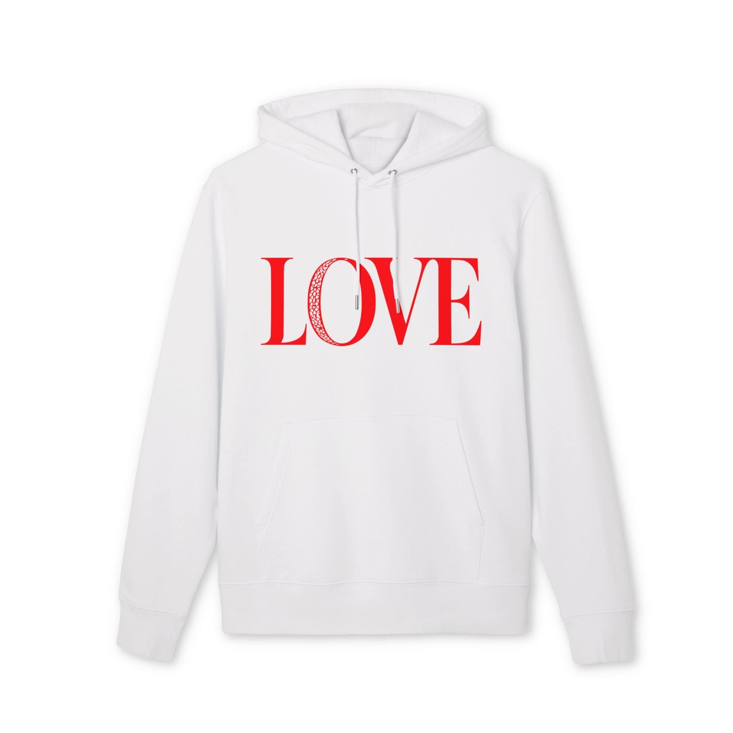 Alt Tag: Love 100% Organic Cotton Hoodie white pullover hoodie with red LOVE text, drawstring hood and front pocket