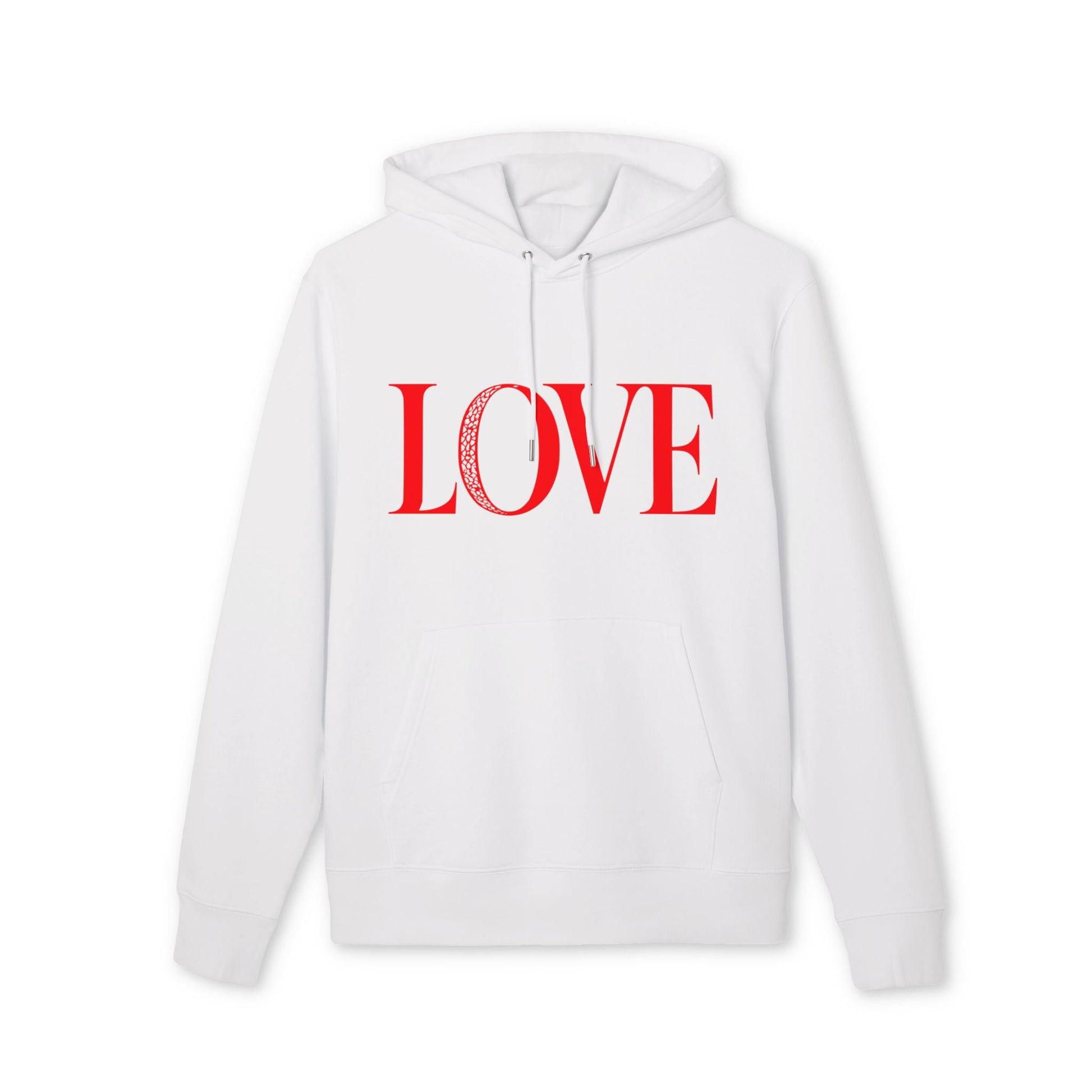 Alt Tag: Love 100% Organic Cotton Hoodie white pullover hoodie with red LOVE text, drawstring hood and front pocket