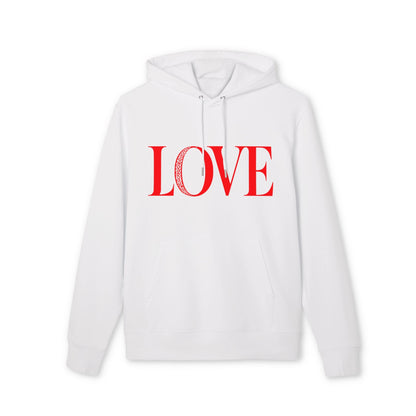 Alt Tag: Love 100% Organic Cotton Hoodie white pullover hoodie with red LOVE text, drawstring hood and front pocket