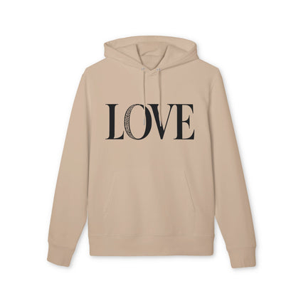 Love 100% Organic Cotton Hoodie beige pullover with hood and black LOVE text print, front view