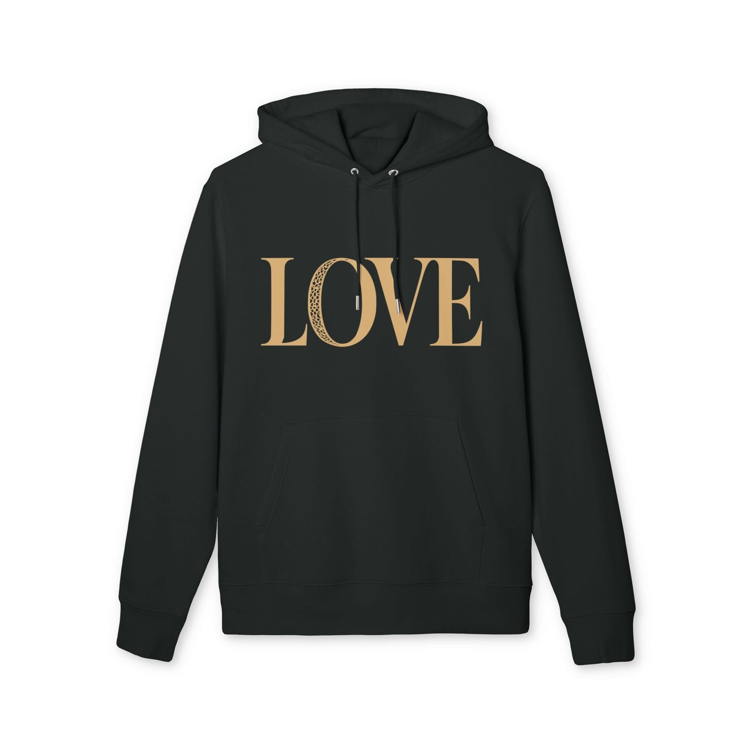 Alt Tag: Love 100% Organic Cotton Hoodie negra con capucha y cordones, estampado frontal LOVE en tono dorado