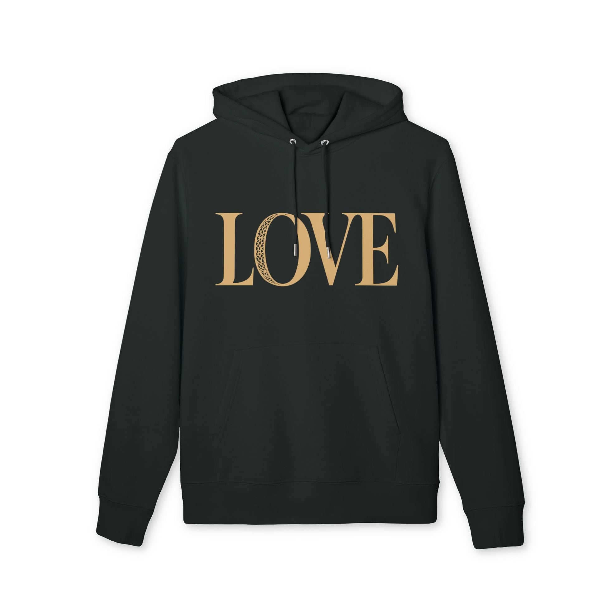 Alt Tag: Love 100% Organic Cotton Hoodie negra con capucha y cordones, estampado frontal LOVE en tono dorado
