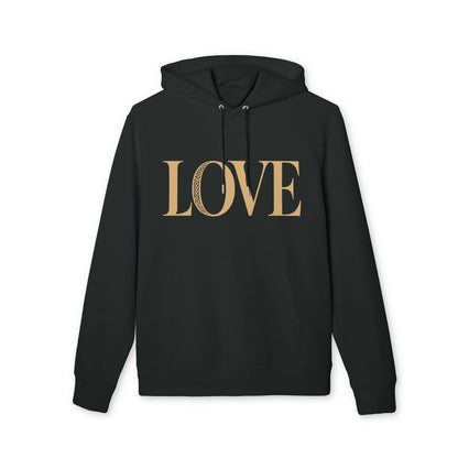 Alt Tag: Love 100% Organic Cotton Hoodie negra con capucha y cordones, estampado frontal LOVE en tono dorado