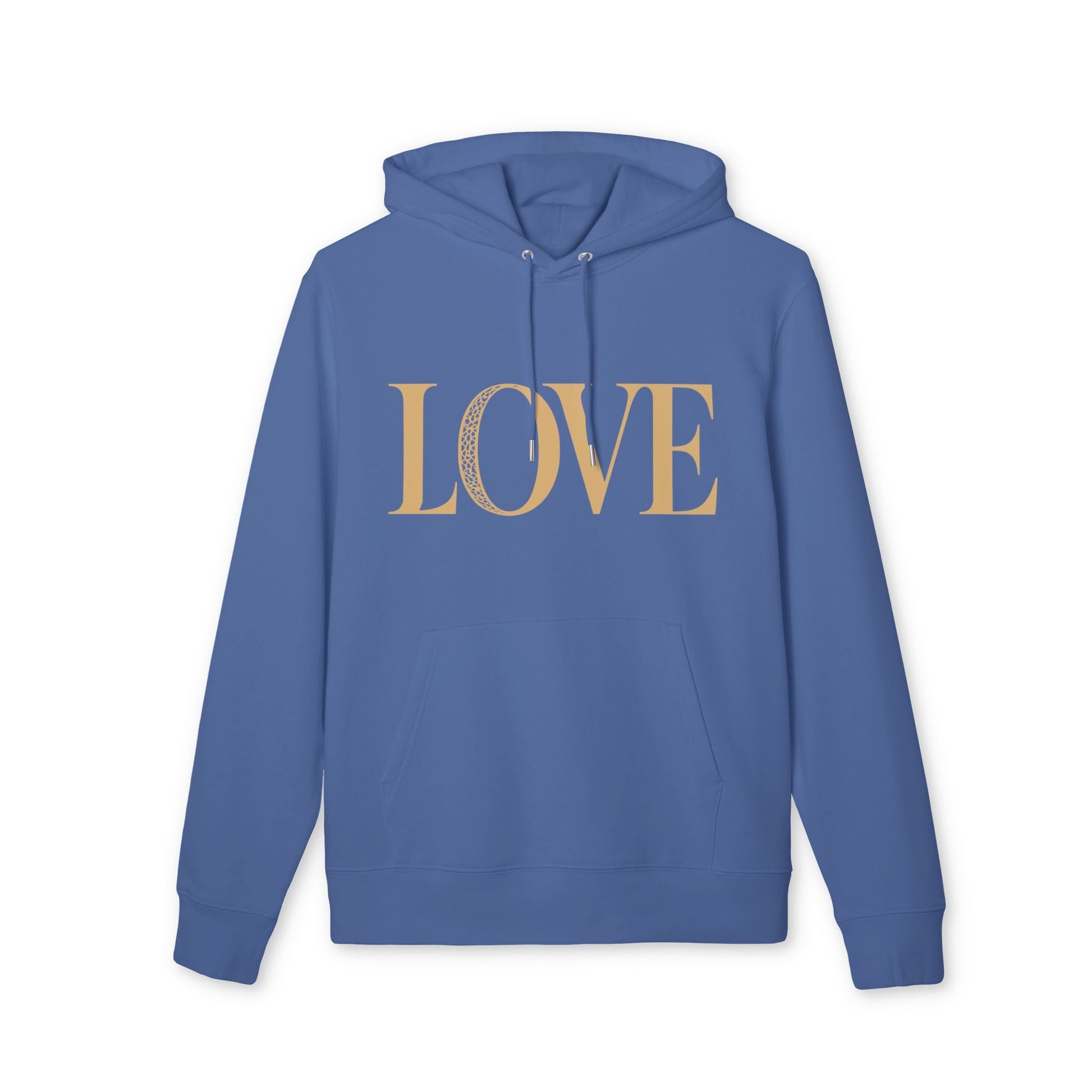 Alt Tag: Love 100% Organic Cotton Hoodie azul con capucha y cordones, diseño “LOVE” en el pecho, vista frontal