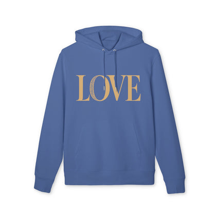 Alt Tag: Love 100% Organic Cotton Hoodie azul con capucha y cordones, diseño “LOVE” en el pecho, vista frontal