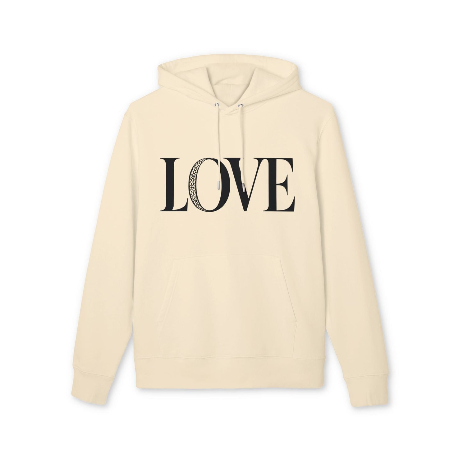 Alt Tag: Love 100% Organic Cotton Hoodie color crema con capucha y cordón, estampado LOVE en el frente