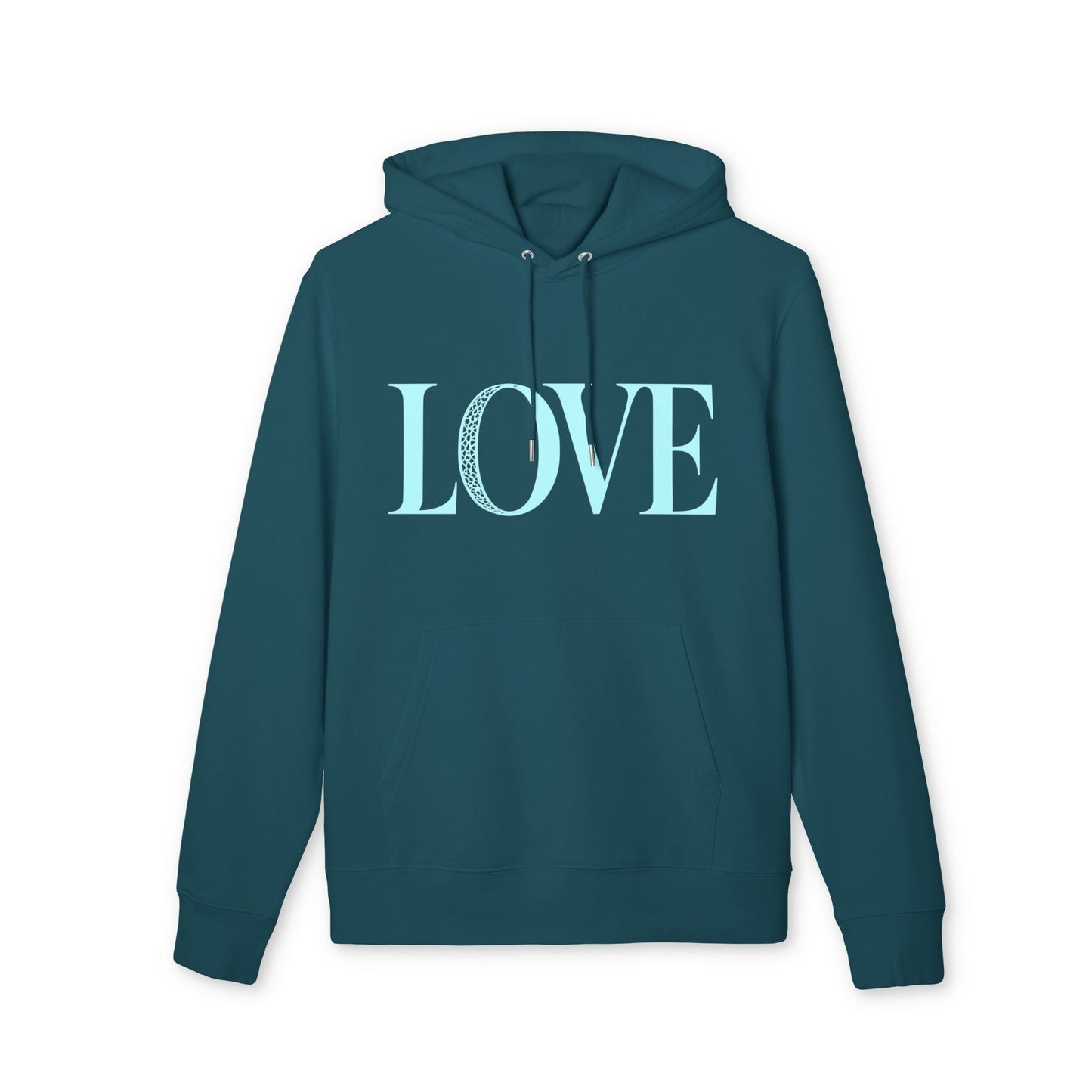 Love 100% Organic Cotton Hoodie teal pullover with hood and drawstrings, LOVE text graphic on front