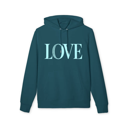 Love 100% Organic Cotton Hoodie teal pullover with hood and drawstrings, LOVE text graphic on front
