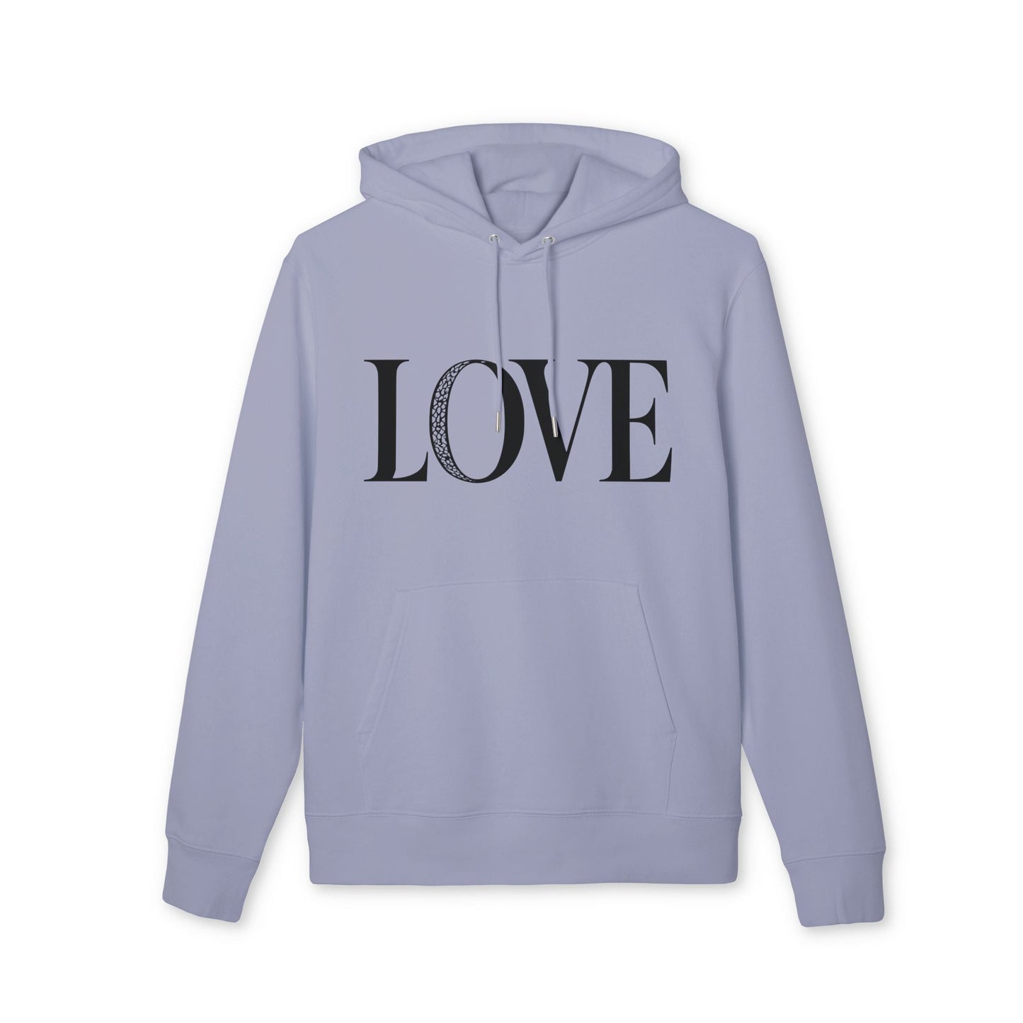 Love 100% Organic Cotton Hoodie con capucha lila, bolsillo canguro y estampado LOVE en negro, vista frontal