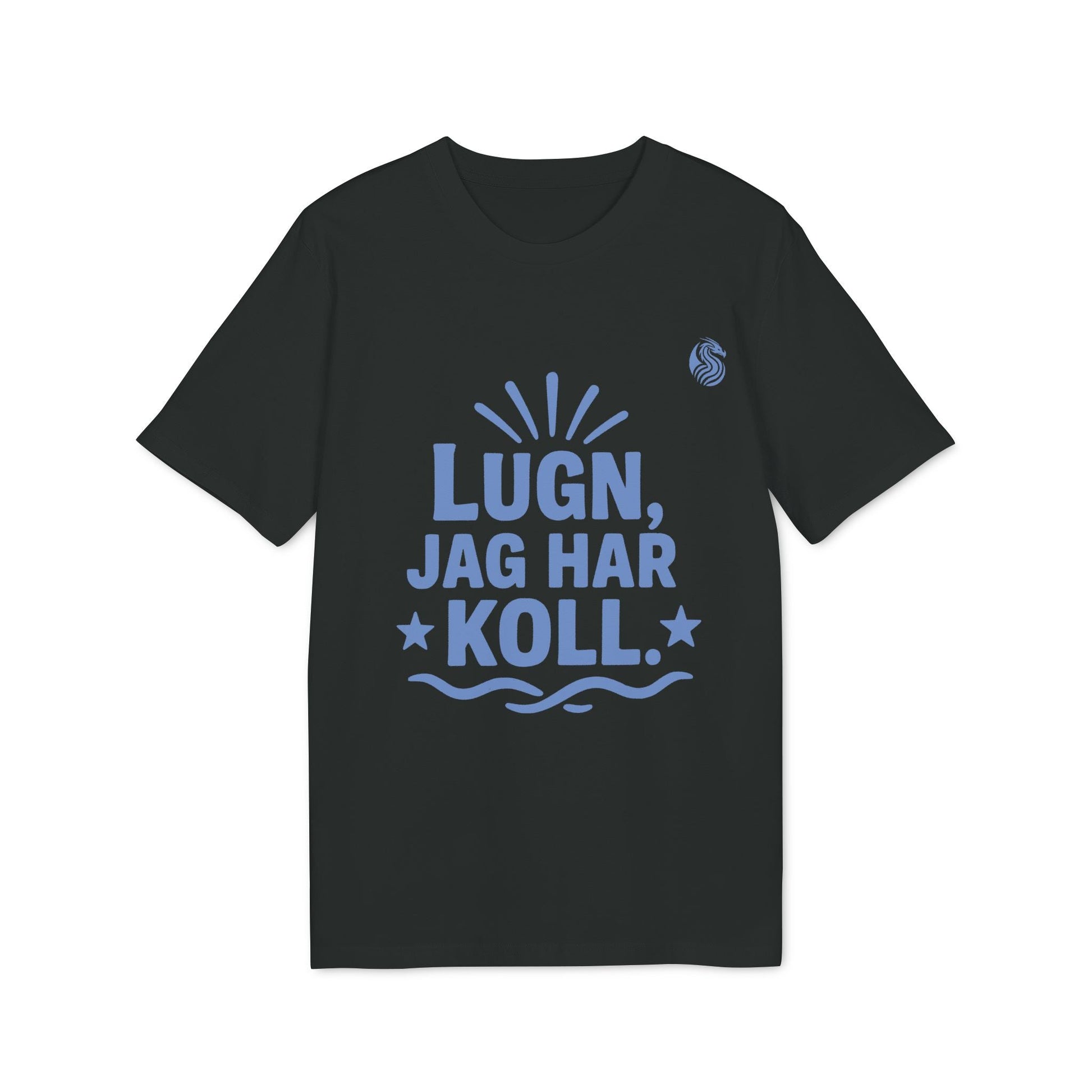 Alt Tag: Lugn Jag Har Koll Teenager Drix 100% Organic Cotton T-Shirt black tee with blue “LUGN, JAG HAR KOLL” graphic