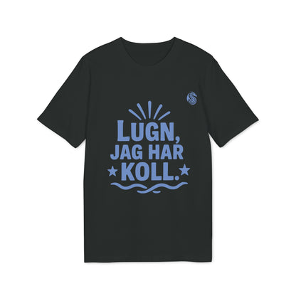 Alt Tag: Lugn Jag Har Koll Teenager Drix 100% Organic Cotton T-Shirt black tee with blue “LUGN, JAG HAR KOLL” graphic