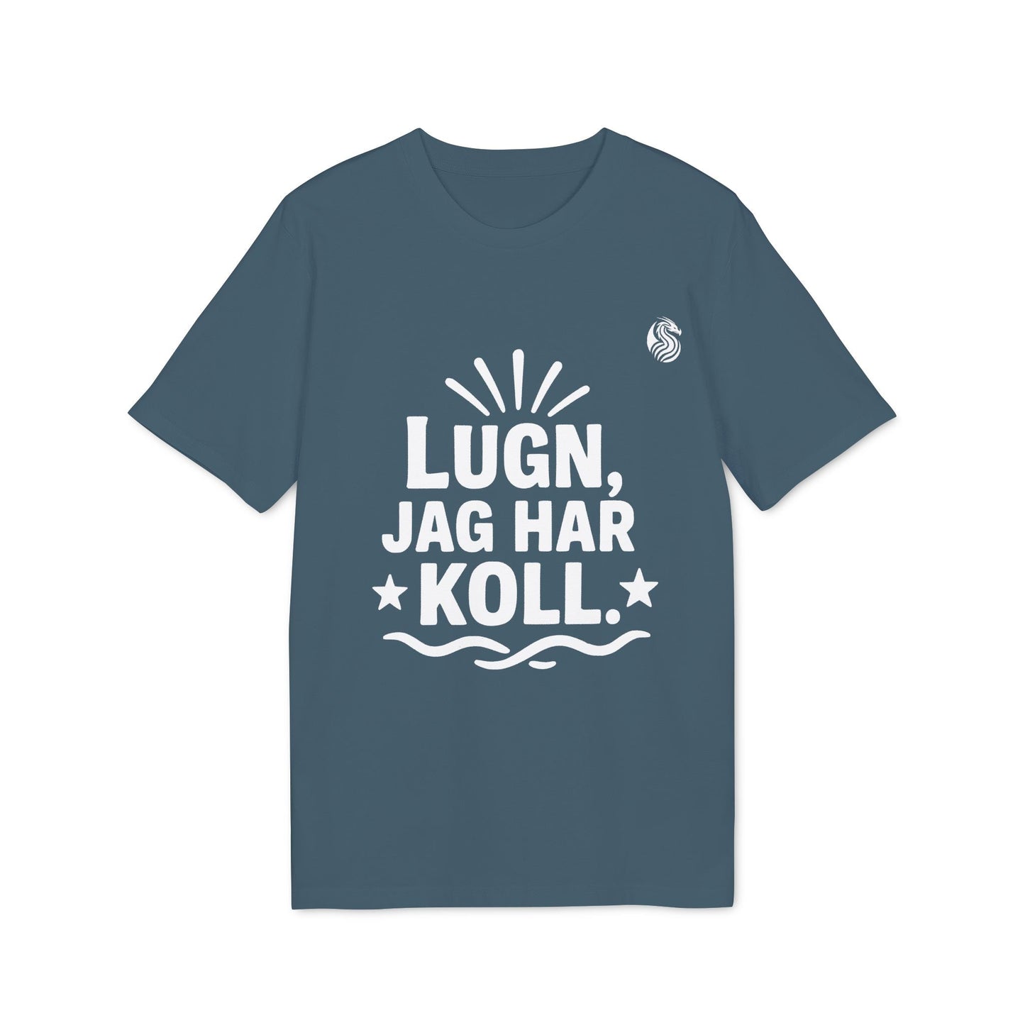 Alt Tag: Lugn Jag Har Koll Teenager Drix 100% Organic Cotton T-Shirt in blue with “LUGN, JAG HAR KOLL” graphic print