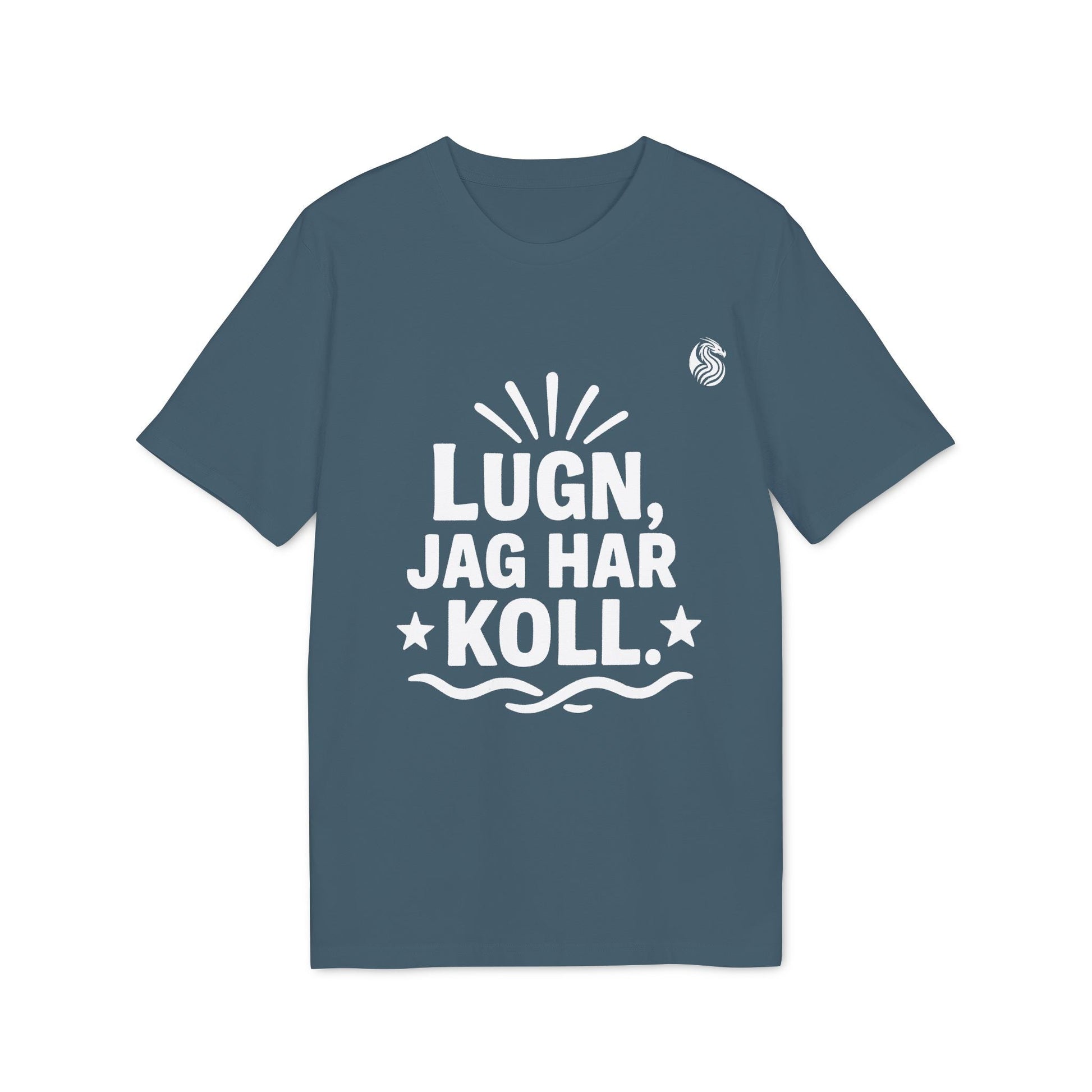 Alt Tag: Lugn Jag Har Koll Teenager Drix 100% Organic Cotton T-Shirt in blue with “LUGN, JAG HAR KOLL” graphic print