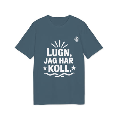 Alt Tag: Lugn Jag Har Koll Teenager Drix 100% Organic Cotton T-Shirt in blue with “LUGN, JAG HAR KOLL” graphic print