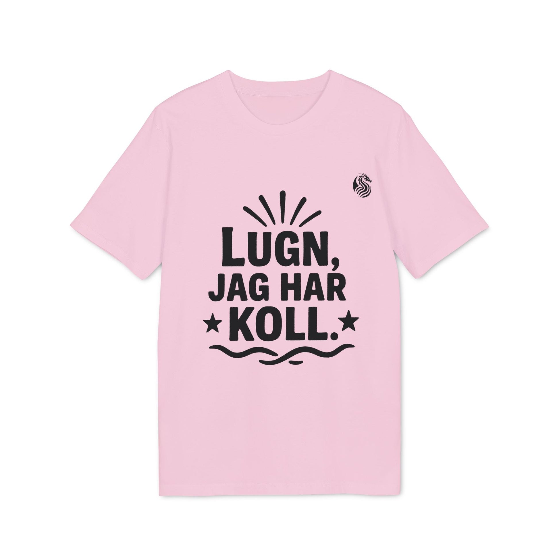 Alt Tag: Lugn Jag Har Koll Teenager Drix 100% Organic Cotton T-Shirt in pink with bold “LUGN, JAG HAR KOLL.” graphic print