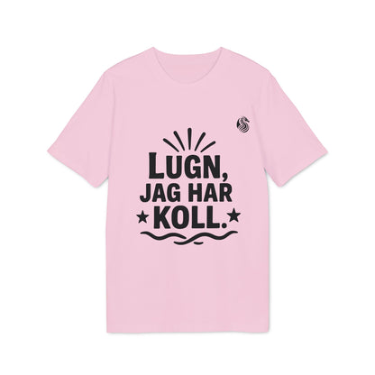 Alt Tag: Lugn Jag Har Koll Teenager Drix 100% Organic Cotton T-Shirt in pink with bold “LUGN, JAG HAR KOLL.” graphic print