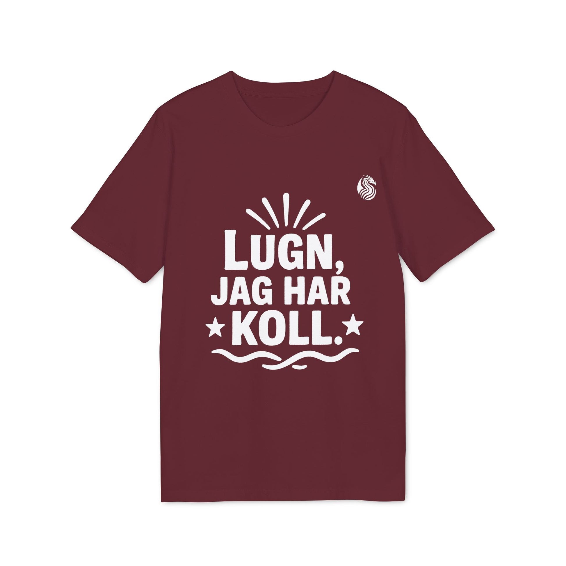 Alt Tag: Lugn Jag Har Koll Teenager Drix 100% Organic Cotton T-Shirt burgundy tee with white “Lugn, Jag Har Koll” graphic print
