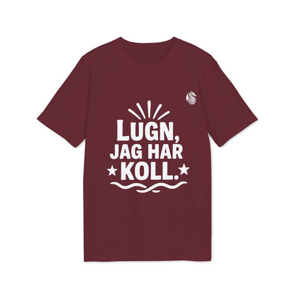 Alt Tag: Lugn Jag Har Koll Teenager Drix 100% Organic Cotton T-Shirt burgundy tee with white “Lugn, Jag Har Koll” graphic print