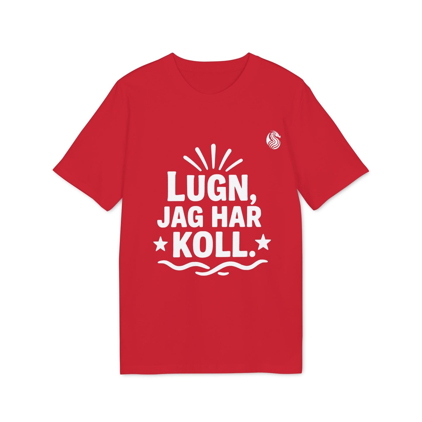Alt Tag: Lugn Jag Har Koll Teenager Drix 100% Organic Cotton T-Shirt red teen fit tee with white “Lugn, Jag Har Koll.” graphic print