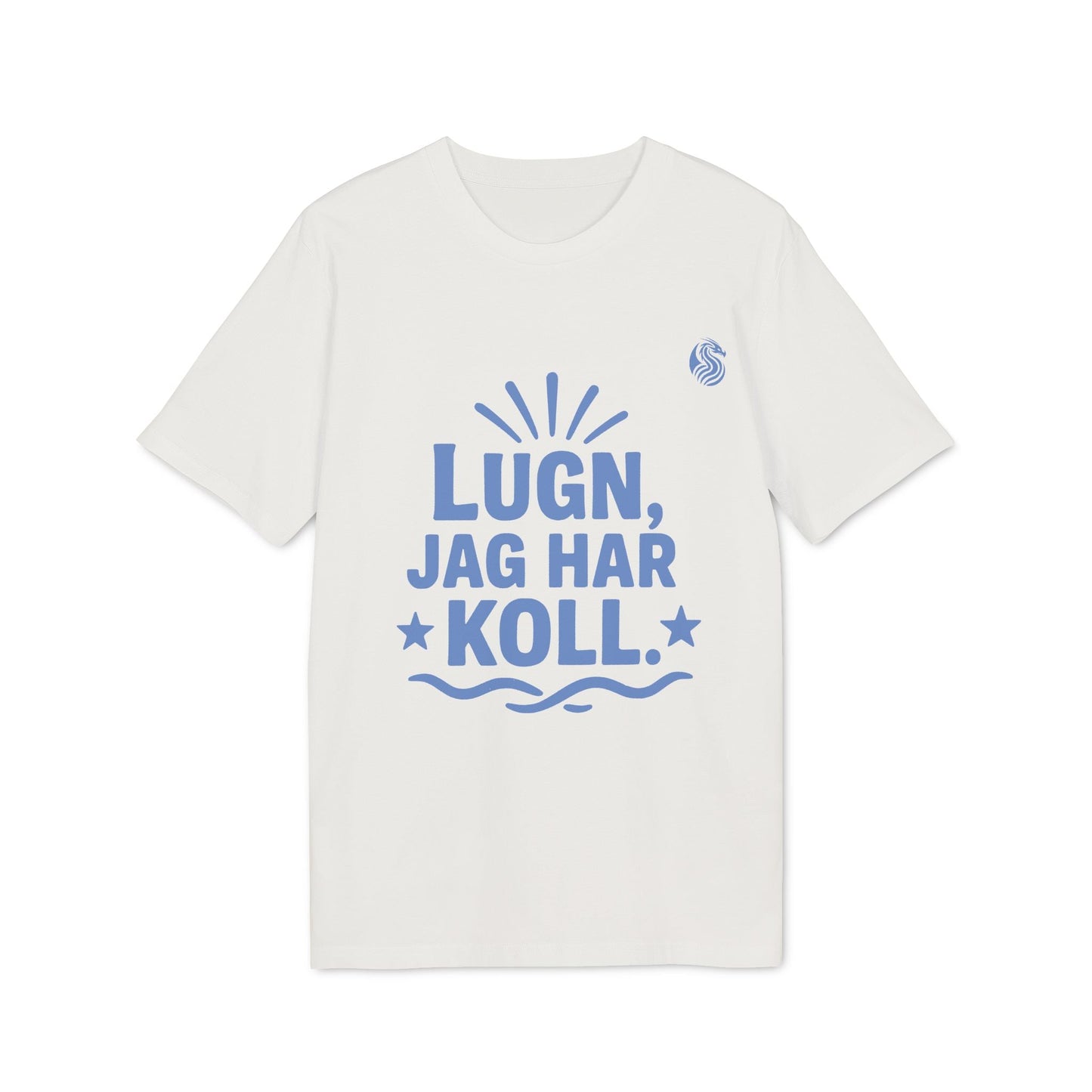 Alt Tag: Lugn Jag Har Koll Teenager Drix 100% Organic Cotton T-Shirt white tee with blue “LUGN, JAG HAR KOLL” graphic print