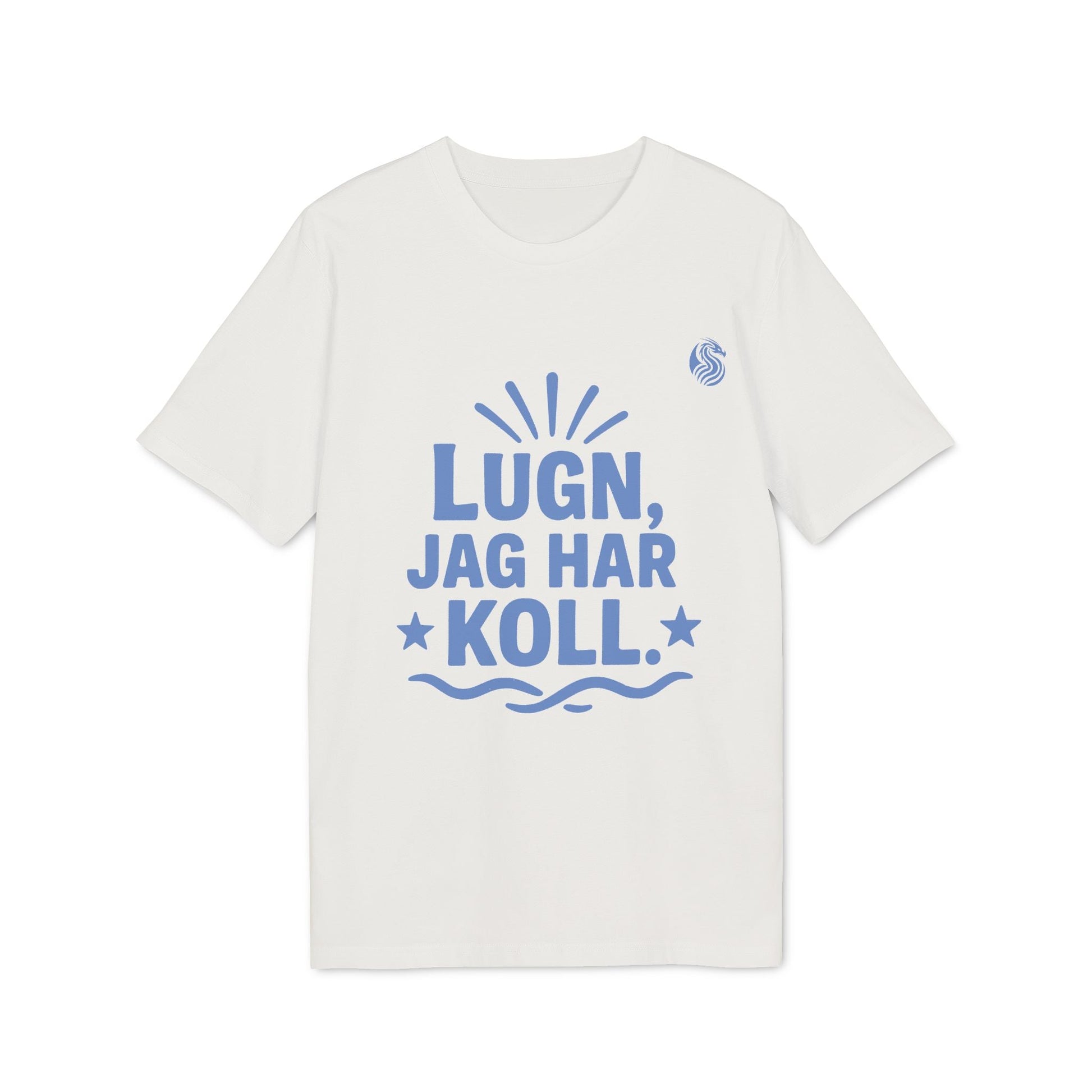 Alt Tag: Lugn Jag Har Koll Teenager Drix 100% Organic Cotton T-Shirt white tee with blue “LUGN, JAG HAR KOLL” graphic print